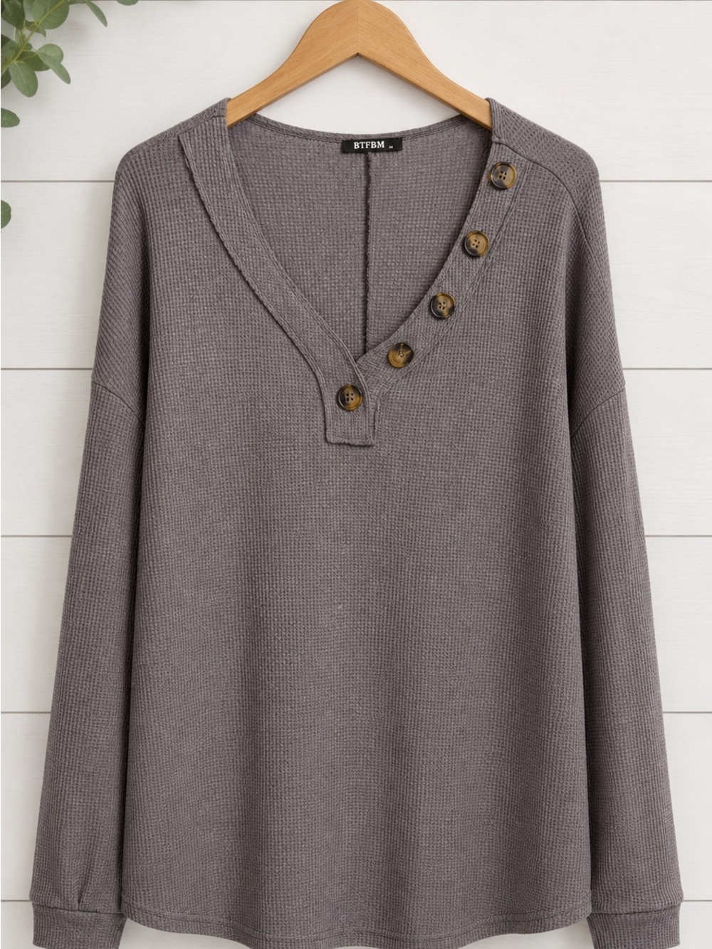 BTFBM Gray Button-Accent Waffle Top
